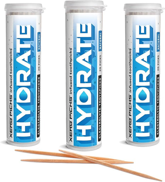 Xero Picks Hydrate - Electrolyte Flavored Toothpicks -60 Picks-Variety 3 Pack - Natural - Sodium, Potasium, Magnesium, Calcium