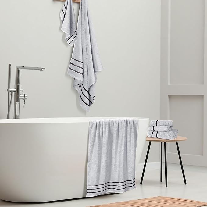 MyOwn Ultra Soft 6 Pack Cotton Towel Set, Contains 2 Bath Towels 28x55 inch, 2 Hand Towels 16x24 inch & 2 Wash Coths 12x12 inch, Ideal Everyday use, Compact & Lightweight - Light Grey, 71642