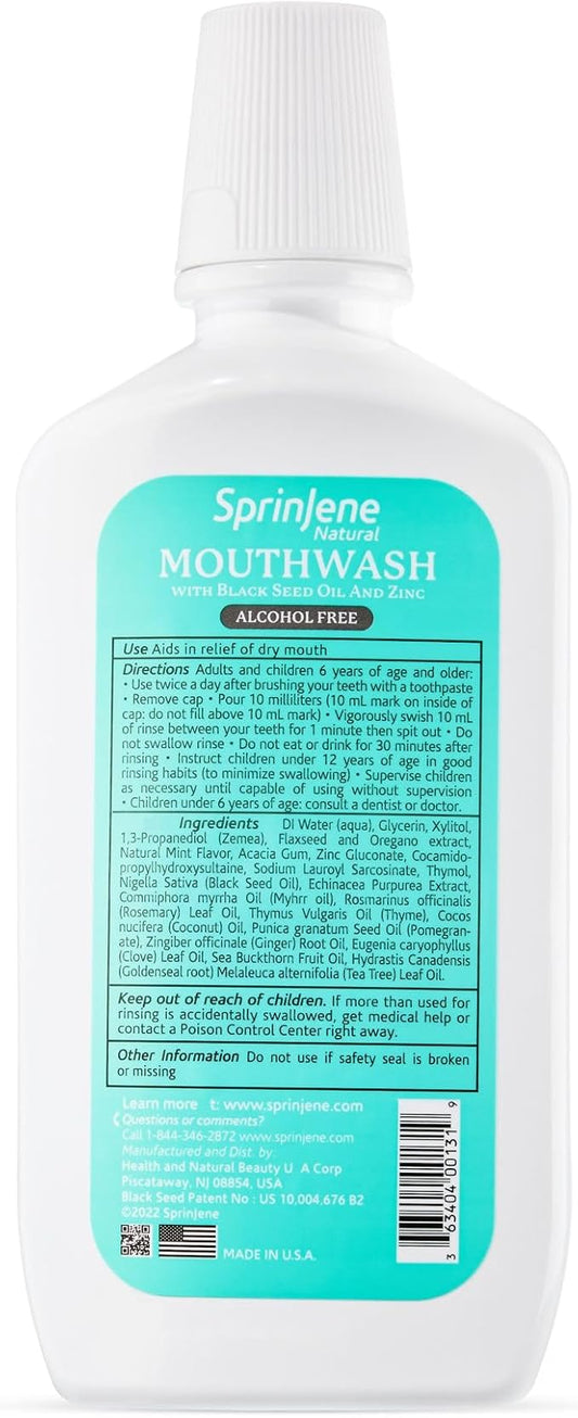 SprinJene Fluoride Free Mouthwash, Alcohol Free for Fresh Breath Gum Health Dry Mouth Whitening Teeth w/Black Seed Oil, Zinc, Xylitol - All Natural Vegan Gluten Free Kosher Halal SLS Free & Non Toxic