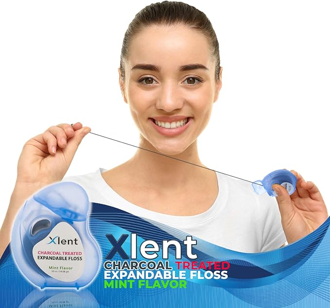 Xlent Expandable Floss Treated Activated Charcoal, Xylitol Natural Based Wax Fresh Mint Flavor | 3 Count (1 50 m Floss Blue Container Plus 2 50 m Refill Bobbins), 3 Count (1 Blister Card+2 Refill)