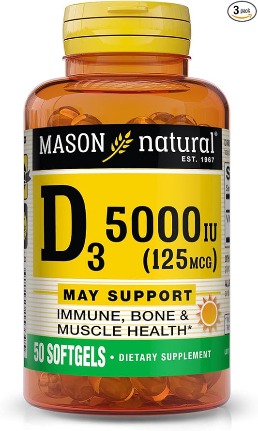 MASON NATURAL Vitamin D3 125 mcg (5000 IU), Supports Bone, Muscle & Immune Health, from Fish Liver Oil, 50 Softgels, Pack of 3