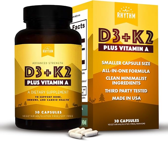 Natural Rhythm Vitamin D3 + K2 (MK7) Plus Vitamin A, for Bone, Heart, & Immune Health, 30 Capsules