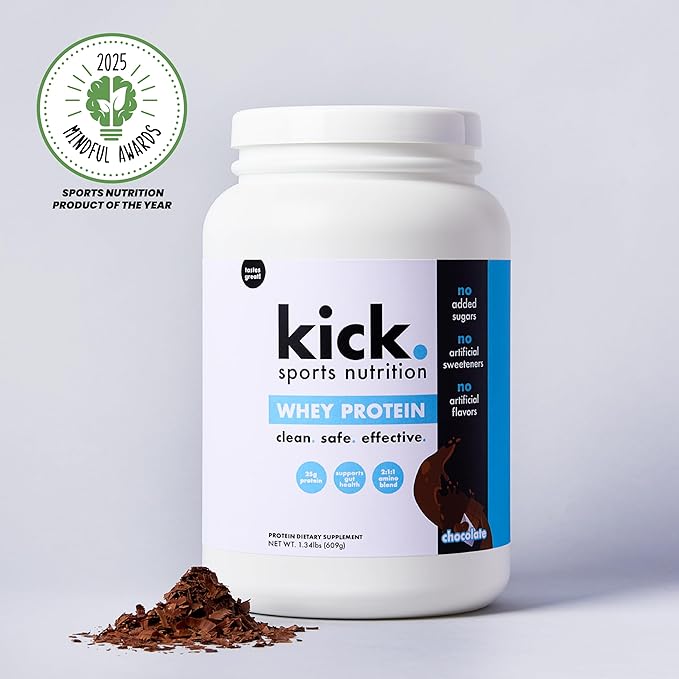 Kick Whey Protein Powder, Chocolate Flavor, 25 G Protein Gluten Free Workout Supplement with Amino Acids to Support Fitness Goals & Gut Health, No Added Sugar, No Artificial Flavor, 16 Servings