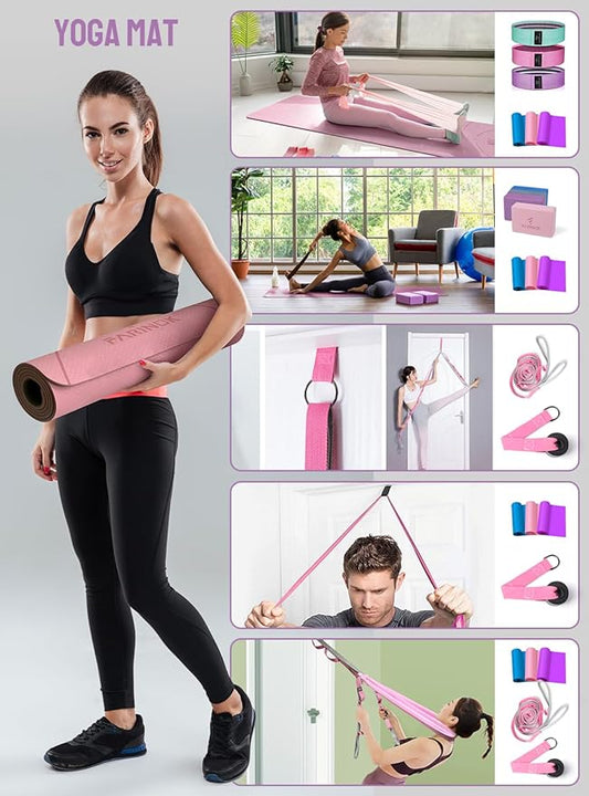 1/3 Yoga Mat Thick, Yoga Kit and Sets for Beginners Include High Density Yoga Mat with Multi-loops Yoga Strap, Yoga Blocks, Booty Resistance Band Set & Door Anchor