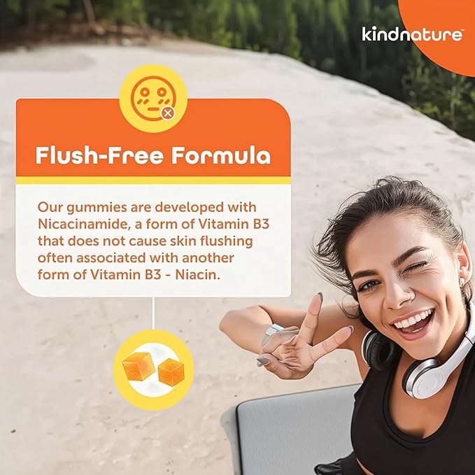kindnature Vitamin B3 Niacin Gummies - Flush Free Niacinamide 500mg Supplement - Vegan, Non-GMO, Low-Calorie, Gluten-Free, Soy-Fee, 3rd Party Lab Tested - 1 Month Supply, 90 Chewable Gummies