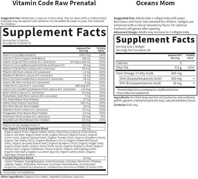 Garden of Life Prenatal Multi + DHA Bundle: Vitamin Code Raw Prenatal Multivitamin with Folate, 90 Vegetarian Capsules Plus Oceans Mom DHA Once Daily, 350mg DHA Fish Oil, 30 Strawberry Softgels