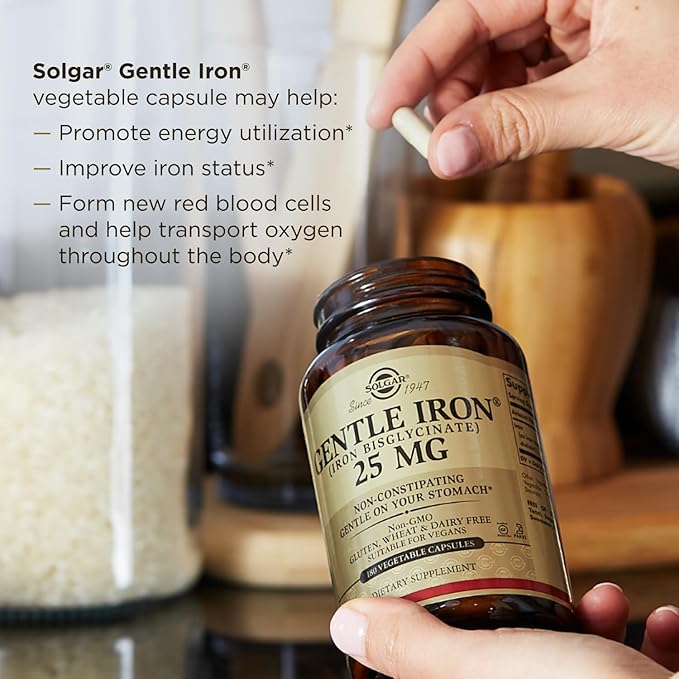 Solgar Gentle Iron, 180 Vegetable Capsules - Ideal for Sensitive Stomachs - Non-Constipating - Red Blood Cell Supplement - Non GMO, Vegan, Gluten-Free, Dairy Free, Kosher - 180 Servings
