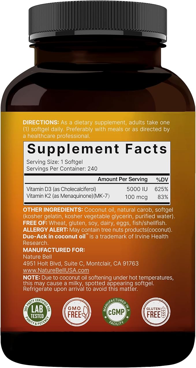 NatureBell Vitamin D3 5,000 IU + K2 100 mcg, 240 Softgels | Daily 2-in-1 Formula with Virgin Coconut Oil | Bone, Heart & Immune Support | MK-7 Form | Non-GMO, Gluten-Free
