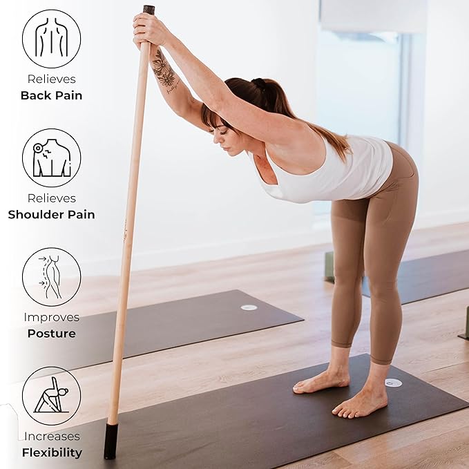 Yoga Stick Made from Natural Bamboo - 5ft Stretching Stick for All Fitness Levels - Stretch Stick with Non-Slip Handles for Mobility, Balance & Physical Therapy - Access 20+ Online Video & PDF Guides