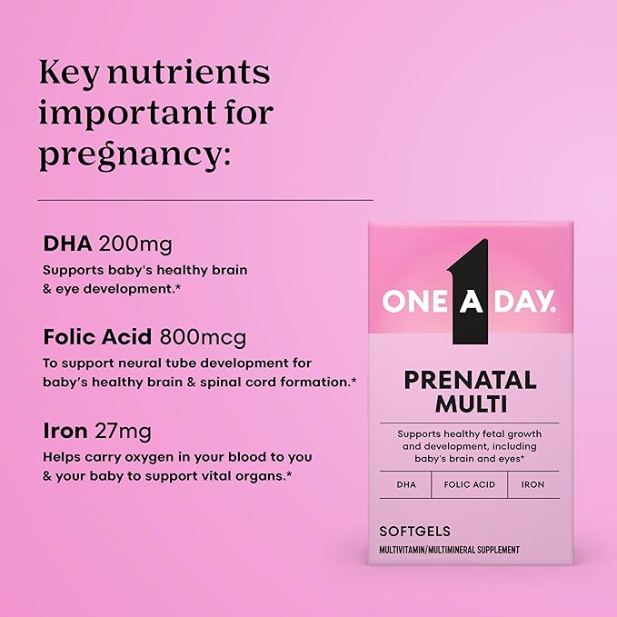 One A Day Prenatal Vitamins- Folic Acid, Iron, Omega- 3 (DHA), Pregnancy Vitamins for Women, Prenatal Multivitamin for Mom and Baby Support, Pregnancy Must Haves 90 Ct (Packaging May Vary)