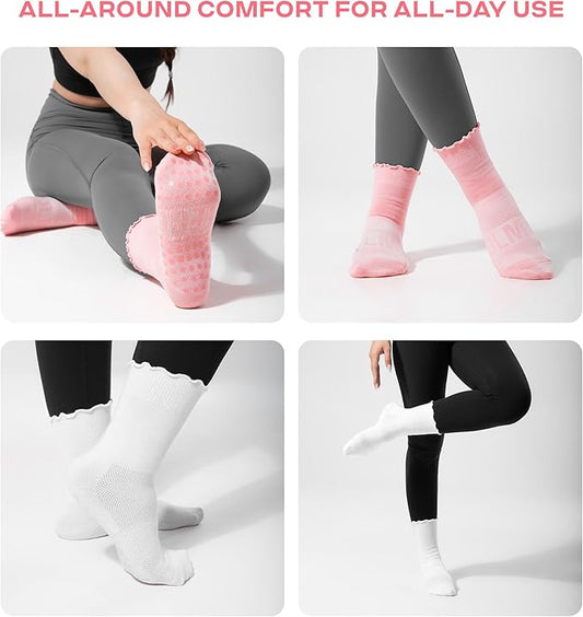 CoolMate 2/3/4 Pairs Pilates Socks with Grips for Women, Cute Yoga Socks, Crew Non Slip Women for Barre, Pilates Gifts