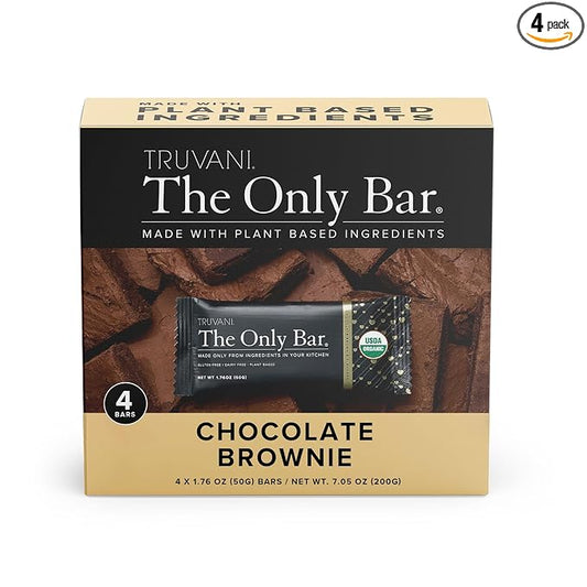 Truvani Plant Based Snack Bars | Chocolate Brownie 4 Pack | 7g Protein | USDA Organic and Vegan | The Only Bar | Dairy, Soy, and Gluten Free | Individually Wrapped