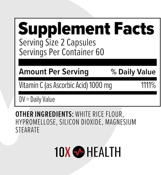 10X Health Vitamin C 1000mg - 120 Capsules Vitamin C, High Dose Ascorbic Acid for Immunity, Antioxidant Protection, Collagen & Tissue Support for Adults - VitaminC 1000 mg - Non-GMO, Gluten-Free