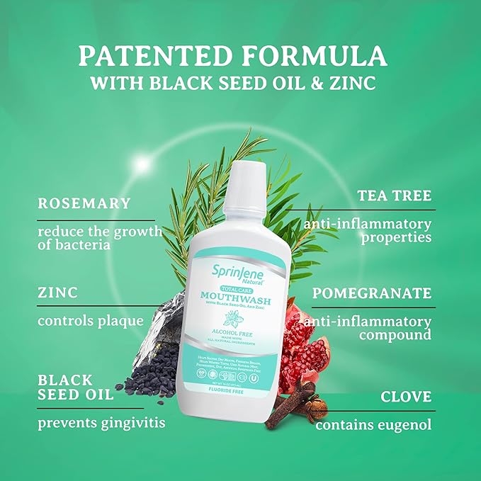 SprinJene Fluoride Free Mouthwash, Alcohol Free for Fresh Breath Gum Health Dry Mouth Whitening Teeth w/Black Seed Oil, Zinc, Xylitol - All Natural Vegan Gluten Free Kosher Halal SLS Free & Non Toxic