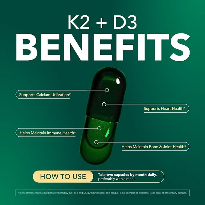 Vitamin D3 K2 Supplement 5000 IU, K2 D3 Vitamin Capsules, Vegan, Non-GMO, Gluten Free, 30 Capsules, 30 Day Supply