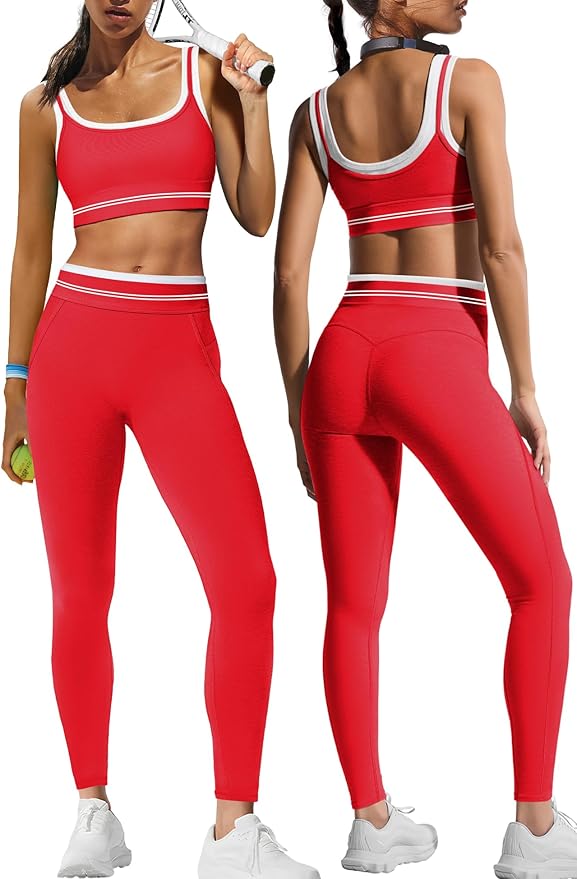 Panadila Womens Yoga Set 2 Piece Outfits Striped Workout Set Gym Matching Sports Bra and High Waist Leggings Activewear