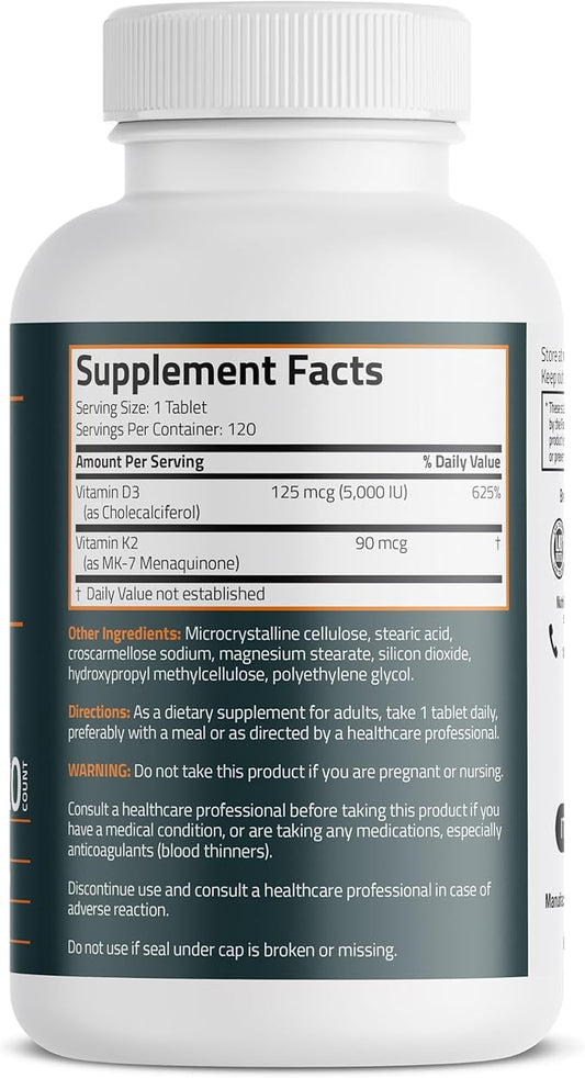 Bronson Vitamin K2 D3 (MK7) Supplement Non-GMO Formula Vitamin D3 5000IU (125 mcg) & 90 mcg K2 MK-7, Easy to Swallow D & K Complex, 120 Tablets