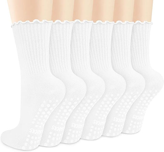 Justay 6 Pairs Womens Pilates Socks with Grips Crew Non Slip Ruffle Cotton for Athletic Workout Barre Hospital Yoga Socks