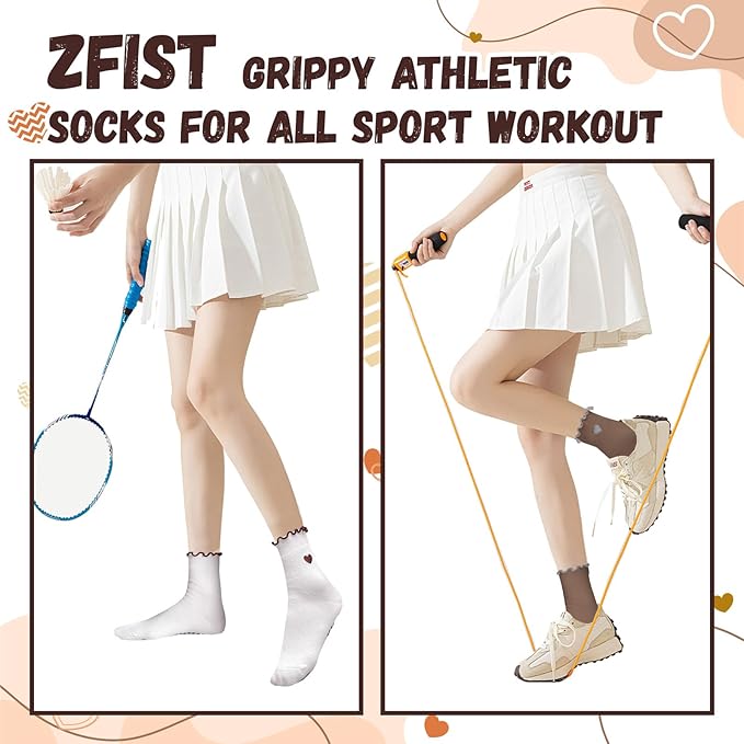 ZFiSt Pilates Socks with Grips for Women,4Pairs Ruffle Yoga Sock Cute Cotton Grippy Socks for Barre Workout Non Slip 5-10in