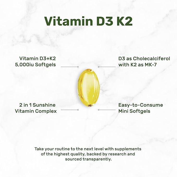 DEAL SUPPLEMENT Vitamin D3 5,000 IU + K2 MK7 Softgels, 250 Count | 2-in-1 Complex | Supports Heart, Bone, Teeth & Immune Health* | Easy to Swallow