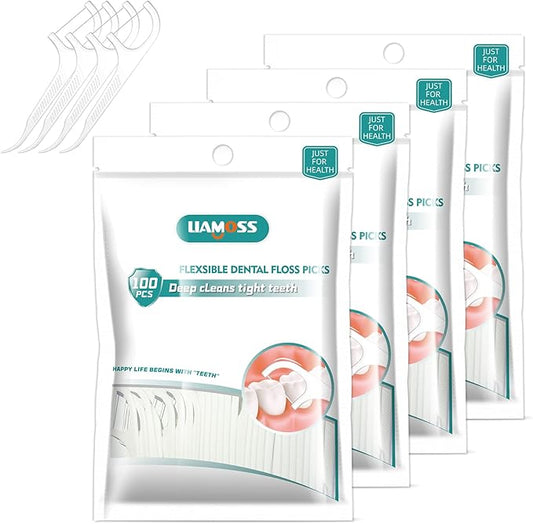 400 Count Dental Floss Picks-Tooth Picks Flossers for Adults-LIAMOSS No Break& No Shred Floss Sticks-Family Best Dental Oral Care Set(Pack of 4)