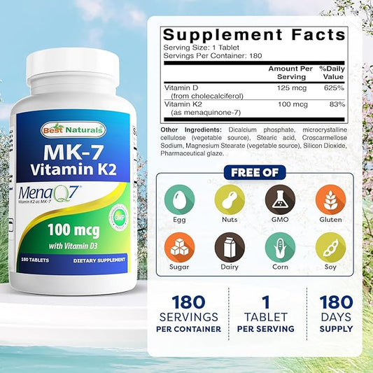 Best Naturals Vitamin K2 (MK7) with D3 Supplement Bone and Heart Health (5000 IU Vitamin D3 & 100 mcg Vitamin K2 MK7), 180 Tablets