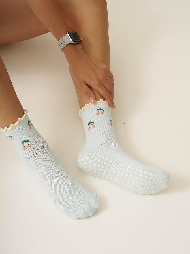 Shapes Studio Crew Half Calf Grip Socks, Cutest Fruits Pilates Socks, Ruffle socks, Non-Slip, Barre Yoga Fitness