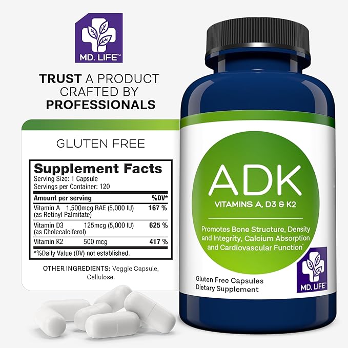 MD.LIFE ADK Vitamin Supplement – Vitamin D3 K2 and A Complex – 120 Capsules – High Potency Vitamin ADK for Bone and Heart Health Support