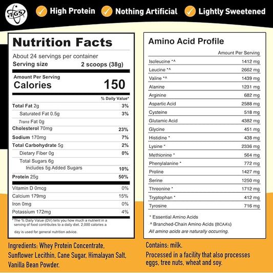 TGS Nutrition Vanilla Whey Protein Powder 2lb - No Artificial Sweeteners, All Natural Ingredients, Undenatured, No Stevia, Non GMO - 25g Protein for Women & Men Shakes, Smoothies - Aids Muscle Gain