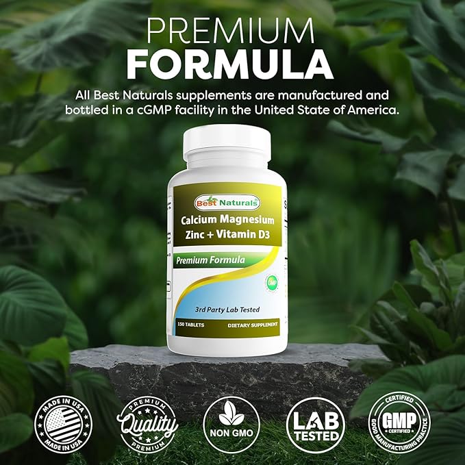 Best Naturals Calcium Magnesium Zinc with Vitamin D3, 150 Tablets - Calcium 1000 mg, Magnesium 400 mg, Zinc 25 mg & D3 600 IU per Serving (3 Tablets)