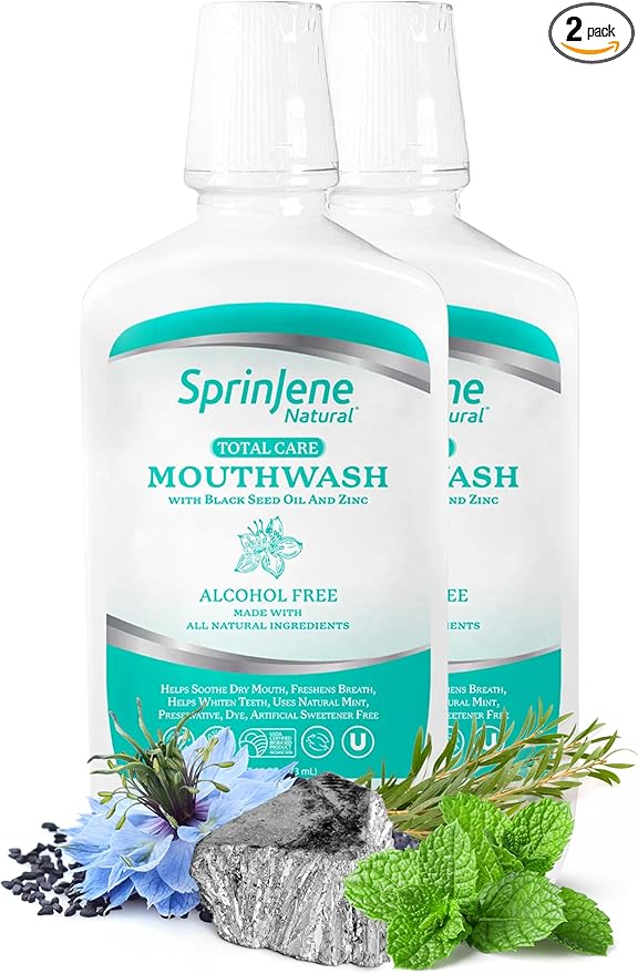 SprinJene Fluoride Free Mouthwash Alcohol Free for Fresh Breath Gum Health Dry Mouth Whitening Teeth w/Black Seed Oil, Zinc, Xylitol –All Natural Vegan Gluten Free Kosher Halal SLS Free& Non Toxic-2PK