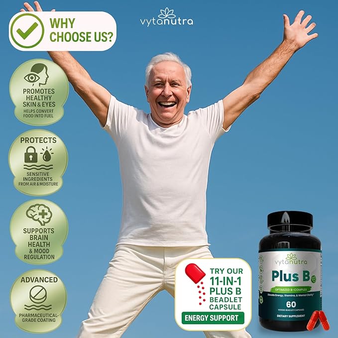 Plus B 11-in-1 Beadlet Capsule – Complete B-Complex with B1, B2, B3, B5, B6, B7, B9, B12 – Timed Release for Energy, Vitality, Brain, Heart, Immune, Mood, & Overall Wellness