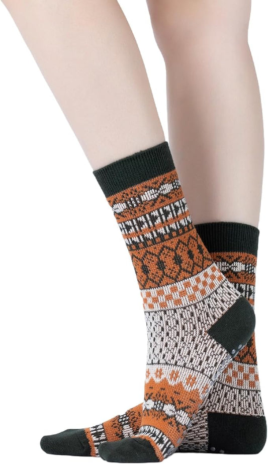 Yoga Pilates Socks with Grips for Women Knit Patterned Non Slip Cushioned Crew Socks for Barre Ballet Dance