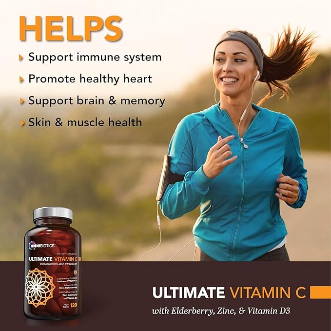 OmniBiotics Ultimate Vitamin C Supplement 2000mg – with Zinc, Elderberry Extract, and D3 – High Potency Immune Support & Collagen Booster – 120 Vegan Tablets