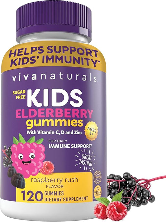 Viva Naturals Sugar-Free Sambucus Elderberry Gummies for Kids, 8-in-1 Children Immune Support with Vitamin C & Zinc – Chewable, Vegan & Gluten-Free (120 Count) for Daily Wellness