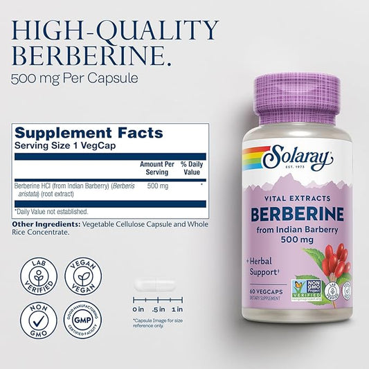 SOLARAY Berberine 500mg - Berberine Supplement for a Healthy, Active Lifestyle - with Berberine HCl from Indian Barberry - Vegan, Non-GMO, 60-Day Guarantee, Lab Verified - 60 Servings, 60 VegCaps