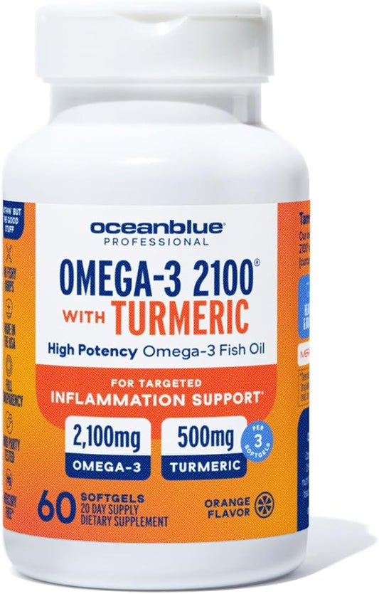 Oceanblue 2100 Triple Strength Omega 3 Fish Oil with Turmeric | Burpless Omega 3 Combo Supplement with Curcumin EPA DHA DPA| Heart and Joint Support | 60 Softgels