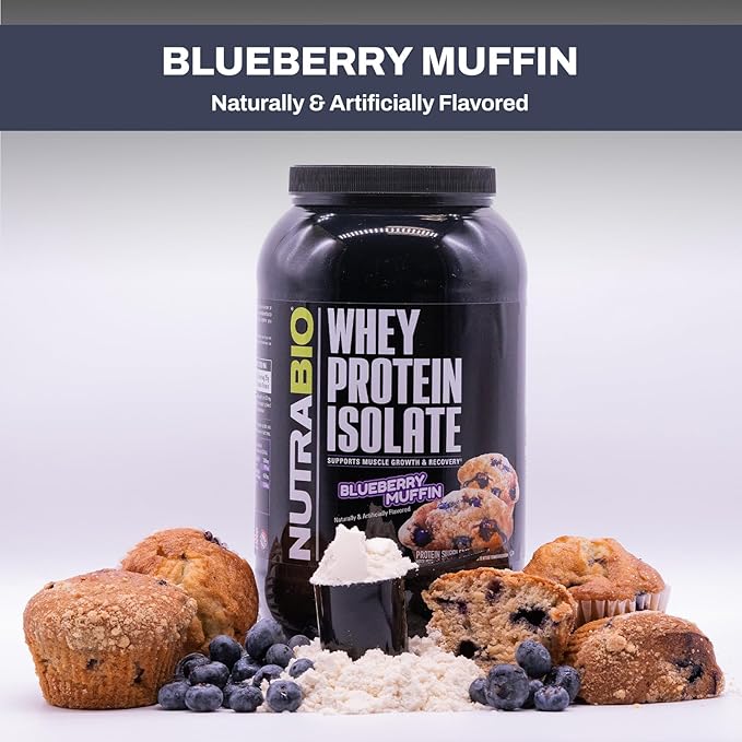 NutraBio 100% Whey Protein Isolate Protein Powder, 25g Protein with Complete Amino Acid Profile, Non-GMO, Soy & Gluten Free, Low Carb, Low Calorie Whey Protein Powder, Blueberry Muffin, 2 Lbs