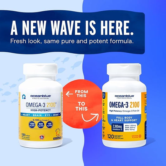 Ocean Blue Omega 3 2100 - Olcenic Blend - 120 Count - 2 Pack - Natural Orange Flavor - No Fishy Aftertaste or Burps - Heart Health - Cholesterol - Eye & Brain Support - Natural Flavor - No Indigestion