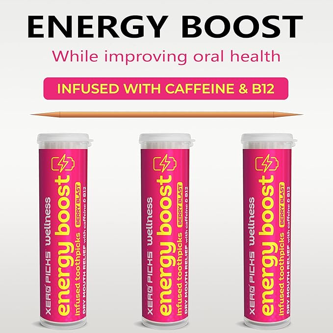 Xero Picks Wellness - Infused Flavored Toothpicks for Long Lasting Fresh Breath & Dry Mouth Prevention - 60 Picks - 3 Pack - Berry Blast - Caffeine Energy Boost