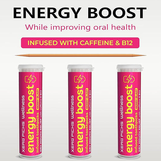Xero Picks Wellness - Infused Flavored Toothpicks for Long Lasting Fresh Breath & Dry Mouth Prevention - 60 Picks - 3 Pack - Berry Blast - Caffeine Energy Boost