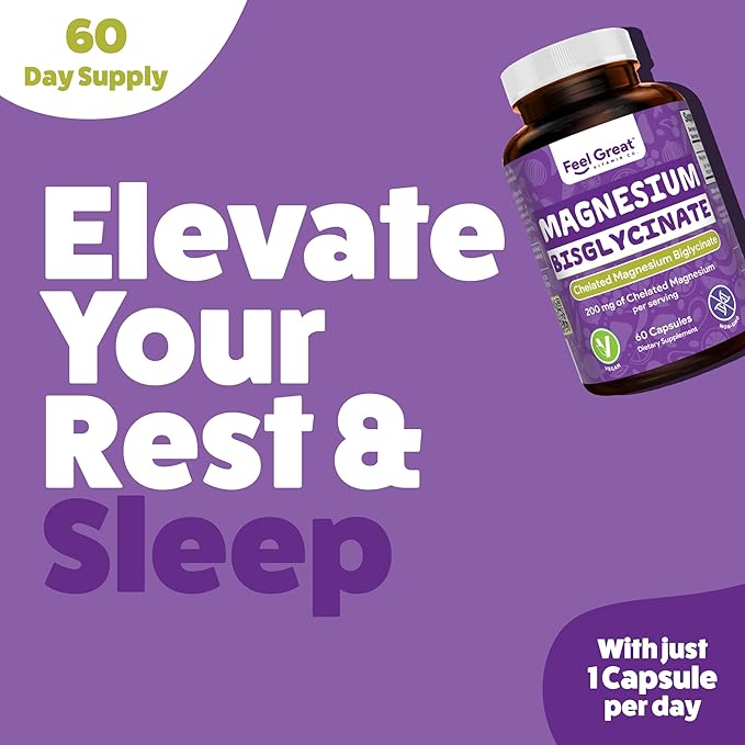 Feel Great Magnesium Bisglycinate – High Absorption, Buffered & Chelated Magnesium for Muscle, Bone & Joint Support – 60 Easy-to-Swallow Vegan Capsules