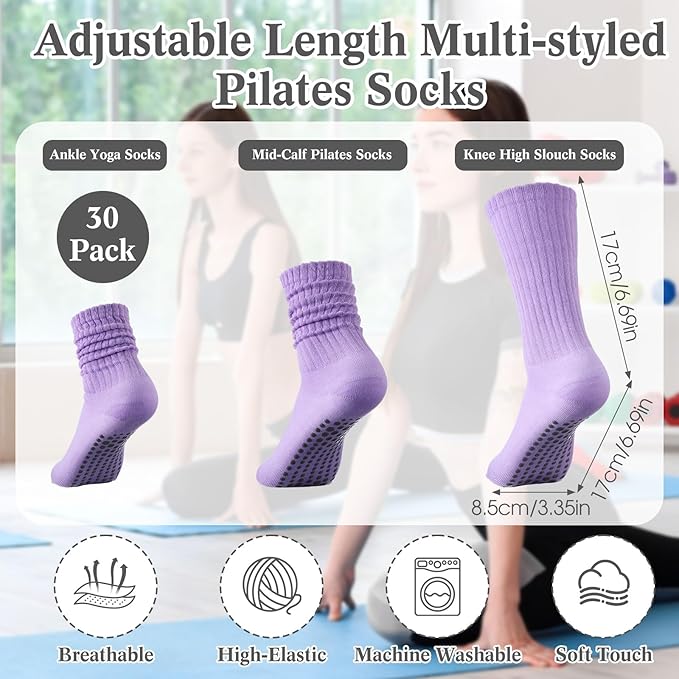 30 Pairs Pilates Socks with Grips Yoga Socks Non Slip Anti Skid Long Ankle Crew Sock Barre for Women Dance Hospital