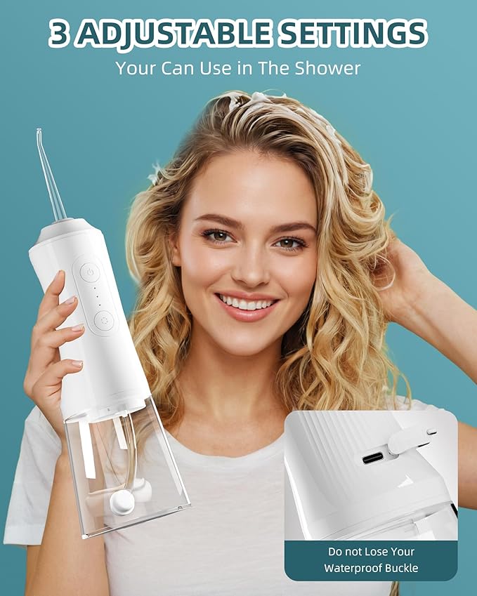Water Flosser, Water Dental Flosser Pick for Teeth, 300ML IPX7 Waterproof Oral Irrigator, 3 Modes 4 Replaceable Jet Tips, Professional Flossing Cleaning Picks for Home Travel Gums (White)