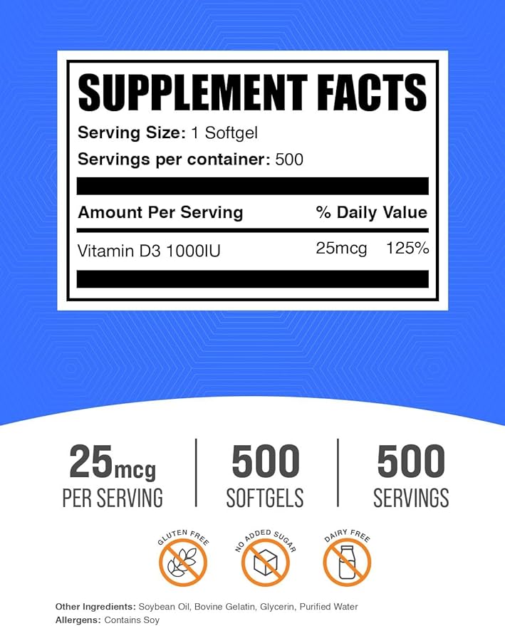 BulkSupplements.com Vitamin D3 1000IU Softgels - Cholecalciferol, D3 Supplement, Vitamin D 1000 IU - 1 Vitamin D3 Softgel (25mcg of Vitamin D) per Serving, 500 Count (Pack of 1)