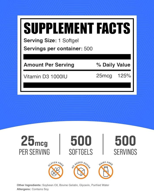 BulkSupplements.com Vitamin D3 1000IU Softgels - Cholecalciferol, D3 Supplement, Vitamin D 1000 IU - 1 Vitamin D3 Softgel (25mcg of Vitamin D) per Serving, 500 Count (Pack of 1)