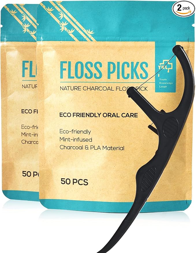 Y-Kelin Natural Dental Floss Picks - Vegan, Eco Friendly Black Bamboo Charcoal Dental Teeth Stick Tooth Pick Toothpick Flosser for Oral Care with a Fresh Feel Minty Flavor (100 Pcs)