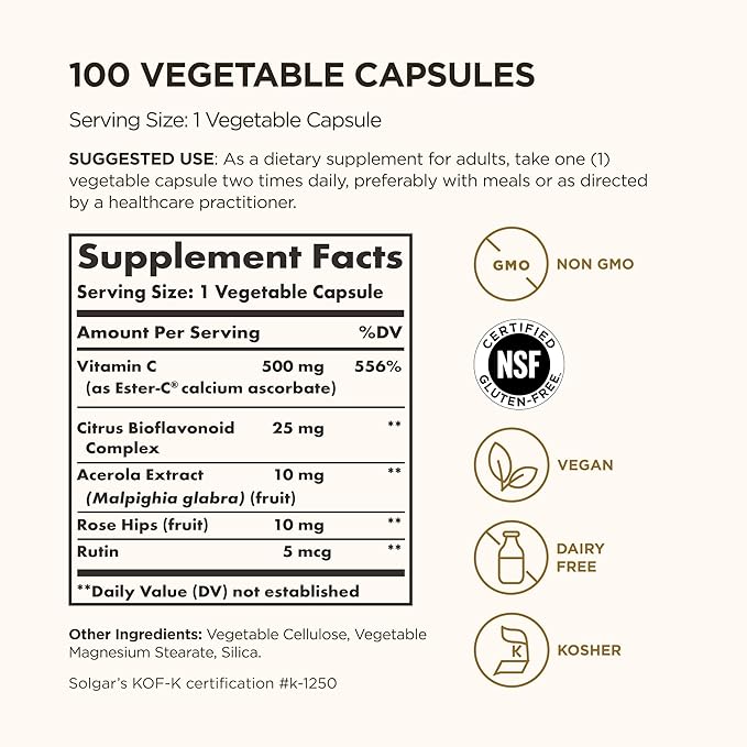 Solgar Ester-C Plus 500 mg Vitamin C (Ascorbate Complex), 100 Vegetable Capsules - Gentle & Non Acidic - Antioxidant & Immune Support - Non GMO, Vegan, Gluten Free, Kosher - 100 Servings