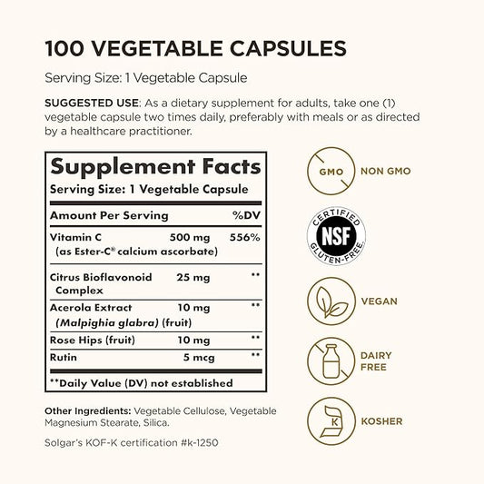 Solgar Ester-C Plus 500 mg Vitamin C (Ascorbate Complex), 100 Vegetable Capsules - Gentle & Non Acidic - Antioxidant & Immune Support - Non GMO, Vegan, Gluten Free, Kosher - 100 Servings