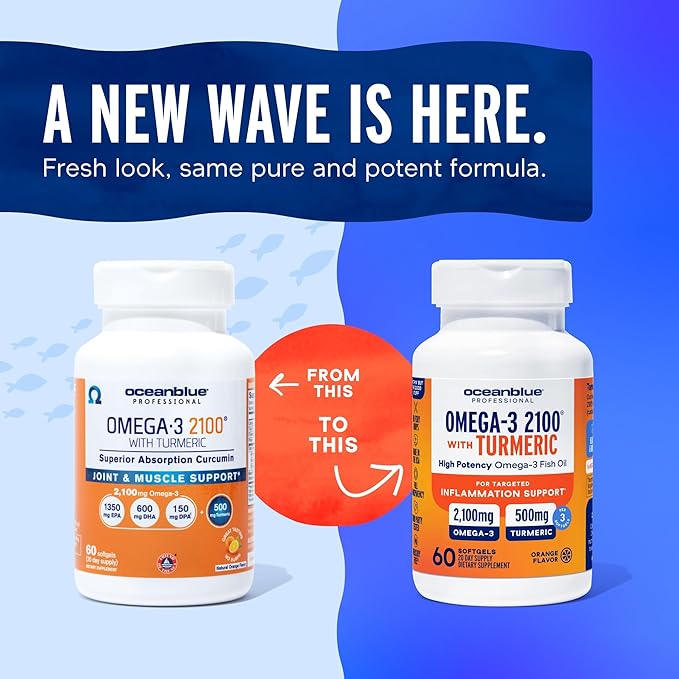 Oceanblue 2100 Triple Strength Omega 3 Fish Oil with Turmeric | Burpless Omega 3 Combo Supplement with Curcumin EPA DHA DPA| Heart and Joint Support | 60 Softgels